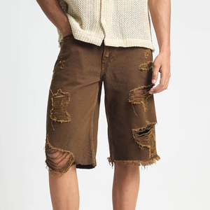 Pantalones Cortos de Mezclilla Desgastados Personalizados para Hombre, Estilo Vintage con Diamantes, Lavado Ácido, Dobladillo sin Rematar y Diseño con Pedrería, Estilo Urbano - Product Image 1