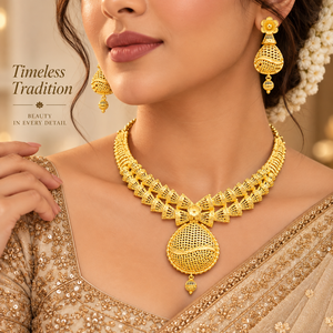 Collier pendentif artisanal en filigrane avec boucles d'oreilles |   Ensemble de bijoux ethniques indiens plaqués or |   Ensemble de bijoux de mariage et de cérémonie - Product Image 3