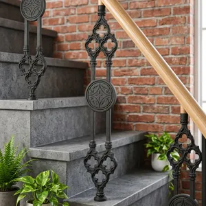 Panneau de rampe d'escalier en fer forgé orné, décorations en volutes, meneaux et balustres métalliques décoratifs pour rénovation d'escalier intérieur - Product Image 1