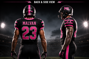 Camiseta de Fútbol Americano Personalizada de Malvan Enterprises, Unisex, Negra y Rosa, Cuello en V, Absorbe la Humedad, Transpirable, Costuras Resistentes - Product Image 2