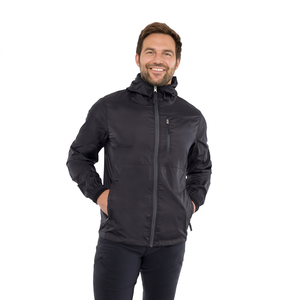 Men's Black Hooded Windproof <b>Jacket</b> Casual Zipper Front Polyester Autumn Wear - Product Image 2