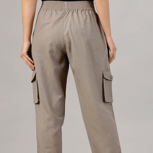 Women's Solid Color Canvas Cargo Pants Elastic Waist Loose Fit <b>Ankle</b>-Length Casual Summer Style With Pockets Right Leg Logo - Product Image 4