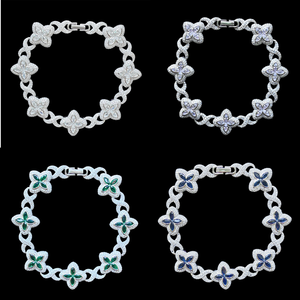 Pulsera de tenis de lujo con moissanita y diseño de flor de trébol, pulsera de eslabones plateados con incrustaciones de piedras de colores, joyería floral para mujer, idea de regalo - Product Image 4