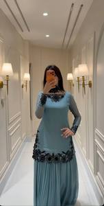 Ensemble Sharara élégant bleu ciel brodé avec dentelle florale noire, extensible et infroissable, tenue de soirée ethnique moderne de créateur - Product Image 3