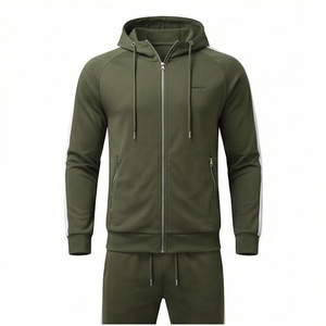 Ensemble de survêtement à capuche vert olive pour homme, manches longues, fermeture éclair sur le devant, couleur unie, respirant, décontracté, pour l'automne, coupe classique - Product Image 1