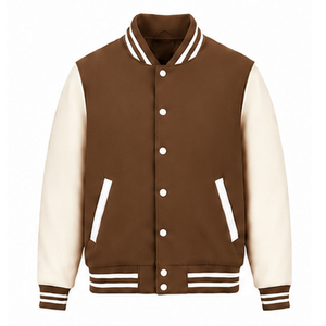 Veste universitaire marron pour homme avec manches crème et rayures blanches, style décontracté universitaire, coupe classique, pour l'automne - Product Image 1
