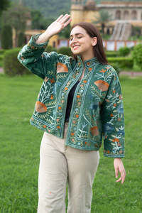 Women's Traditional <b>Green</b> <b>Velvet</b> Suzani Embroidered Jacket Full Sleeves Handmade Ethnic Boho Fashion Statement Outerwear - Product Image 2