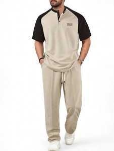 <b>Men's</b> Cotton Summer Printed Color Block Short Sleeve <b>Henley</b> <b>Shirt</b> & Drawstring Sweatpants Casual 2-in-1 Tracksuit Set - Product Image 4