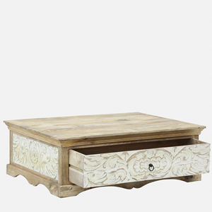 Table basse rectangulaire moderne à double tonalité, sculptée à motifs floraux, avec rangement, pour salon, finition naturelle et blanchie à la chaux - Product Image 5