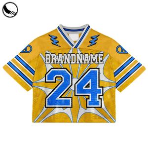 Maillot de basket personnalisé BRANDNAME jaune et bleu en mesh, col en V, impression par sublimation, unisexe adulte, motif géométrique 24 - Product Image 1