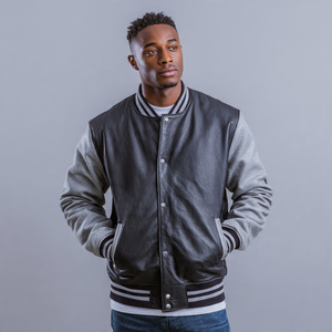 Outdoor <b>Leather</b> Jacket Men Custom Button Up Crew Neck PU <b>Leather</b> Varsity Jackets <b>Tops</b> Baseball <b>Leather</b> Varsity Jacket Men's - Product Image 3