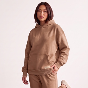 custom womens beige cream pullover hoodie front pouch pocket plain blank heavyweight fleece drop shoulder relaxed fit <b>tops</b> - Product Image 4