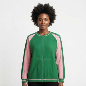 Cosh International Acrylic Sisterhood Sorority Green Pink Contrast Knitted Cardigan Full Sleeve Raglan Crew Neck <b>Zipper</b> <b>Top</b> - Product Image 3