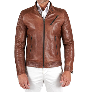 <b>Top</b> Selling Men's Brown Genuine <b>Leather</b> Moto Jacket Stand Collar Zipper Closure Slim Fit Autumn Style Breathable - Product Image 1