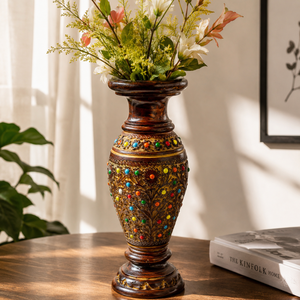 Vase décoratif en bois de rose indien sculpté à la main |   Vase à fleurs en bois floral avec des perles colorées |   Décoration d'intérieur artisanale, cadeau d'appoint - Product Image 2