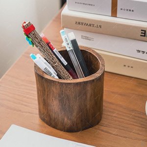 <b>Rustic</b> Wooden <b>Desk</b> Pen Holder Round Office Supply Organizer for Pens and Accessories Natural Wood Handicraft Design - Product Image 1
