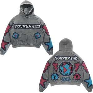 SHY SPORTS Custom Men's 100% Cotton Stone Acid Washed Cropped Street Wear Distressed Patch Winter Pullover Hooded Causal Wear - Product Image 3