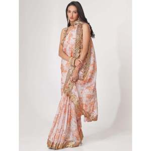 Impresionante Sari de fiesta de organza con estampado floral blanco con blusa - Product Image 6