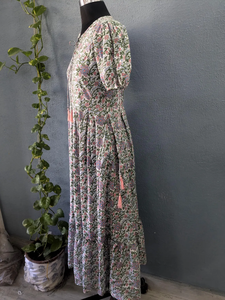 Vestido Largo Maxi de Algodón Estampado a Mano con Mangas Abullonadas y Cuello Mao, 100% Algodón Indio para Mujer - Product Image 4