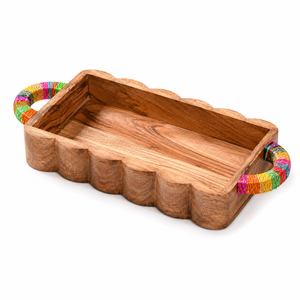 Premium Acacia Wood Decorative Serving <b>Tray</b> with Polyester Wrapped Handles | Handmade Snack Serving <b>Tray</b> for Home And Restaurant - Product Image 1