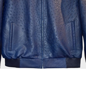 Chaqueta de cuero de avestruz para hombre, cazadora con textura de lujo, estilo aviador en relieve, piel de vaca auténtica, piel azul - Product Image 3