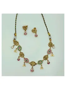 Traditional Gold Tone <b>Choker</b> Necklace Set with Green and Pink Stone Work Elegant Bridal Jewelry for Women with Matching Earrings - Product Image 2