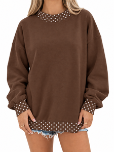 Sweat-shirt pull-over oversize décontracté pour femme à col montant, avec accent de pois au col et poignets à pois, manches longues, style mode - Product Image 4
