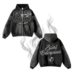 Sudadera con Capucha Negra Lavada de 350 g/m² de Algodón y Poliéster Premium con Cremallera y Bordado Chenille para Logotipo Personalizado, para Hombre, Invierno, Corte Regular - Product Image 1