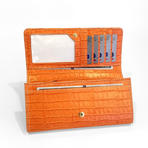 [New Item] Castello Croco Print Embossed Cowhide Leather Long <b>Wallet</b> W/snap Button Closure & Multiple Compartments Women Orange - Product Image 4