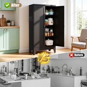 Armoire de cuisine autoportante en métal noir de 47,3 pouces avec 3 étagères réglables, capacité de 110 lb, rangement robuste - Product Image 5