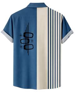Chemise à manches courtes boutonnée à rayures verticales bleues et beiges, imprimé géométrique, décontractée, été, homme, fabricant OEM, sur mesure, en gros - Product Image 2