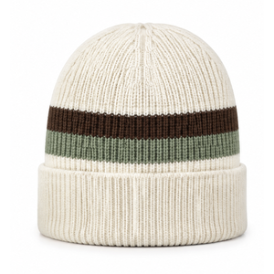 Gorro de punto OEM color marfil con rayas marrón y verde, gorro cálido de invierno, gorro unisex para exteriores. - Product Image 1
