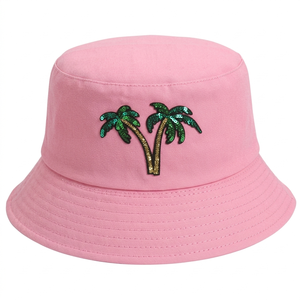 Bob personnalisé rose et vert pour sororité avec broderie de palmier à sequins sur le panneau avant, style unisexe décontracté pour la plage, le printemps et l'été, pour adultes - Product Image 1