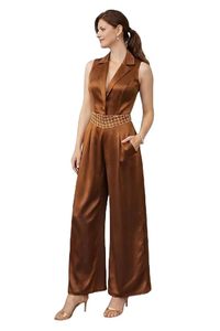 Mono sin mangas de satén marrón para mujer con cuello de solapa, cintura alta, cinturón, elegante, largo, para fiesta, primavera, verano - Product Image 1