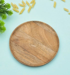 Plateau de service rond en bois naturel avec poignée, motif grain de bois poli, plateau pour café, thé, petit-déjeuner - Product Image 5
