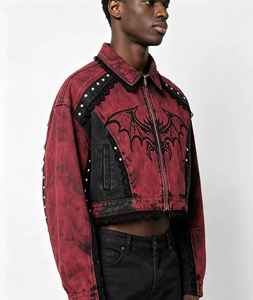 Veste en jean rouge délavé sur mesure pour homme, broderie chauve-souris, garniture en dentelle, manteau court, streetwear, usine OEM - Product Image 2