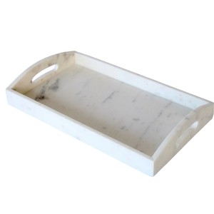Plateau de service rectangulaire en marbre blanc naturel fait main avec poignées, design élégant et poli, écologique, pour cuisine et mariage - Product Image 1