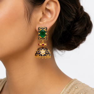 Handcrafted Blue Enamel Jhumka Earrings | Carved Green Stone & Green <b>Emerald</b> Accents | Traditional Heritage Jewelry for Women - Product Image 3