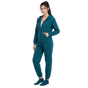 Conjunto de chándal casual para mujer, color verde azulado, con lavado ácido, de tejido grueso, con capucha, sudadera con cremallera de manga larga y pantalones jogger - Product Image 4