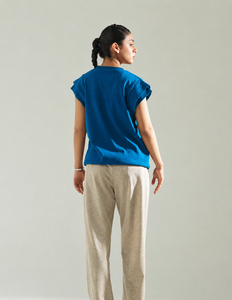 T-shirt tricoté à manches courtes pour femme, couleur unie, col rond, décontracté, printemps-été, coupe régulière, bleu - Product Image 4