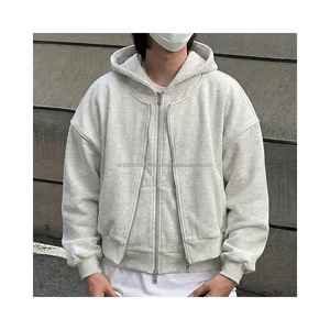 <b>Y2K</b> Style Heavyweight Cotton Oversized Zip Hoodie Double Layer Split Design Custom Heathered <b>Streetwear</b> Pullover - Product Image 1