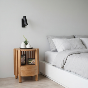 Solid Teak Wood Round Side <b>Table</b> With <b>Drawer</b> Slatted Cylinder Nightstand Minimalist Bedroom Furniture For Hotel - Product Image 5