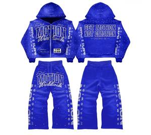 Conjunto de Sudadera y Pantalones Deportivos Vintage Desgastados Personalizados de la Marca TAHAD, con Cierre de Cremallera y Pedrería, Estilo Oversize para Hombre - Product Image 5