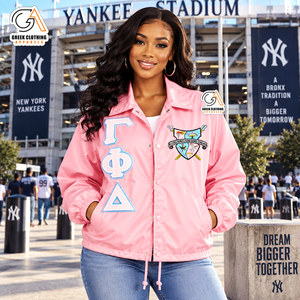 Gamma Phi Delta Sorority <b>Girl</b> Pink <b>Varsity</b> Coaches <b>Jacket</b> 100% Polyester Button Closure Turn-down Collar Full Sleeve Waterproof - Product Image 4