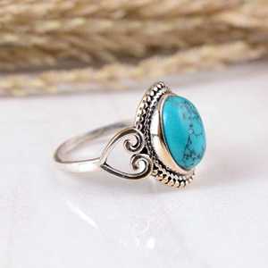 Bijou de mariage ethnique bohème en argent sterling 925, serti d'une pierre précieuse turquoise bleue ovale, style antique fait main, vintage - Product Image 2