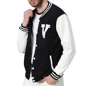 Blouson bomber léger pour homme, veste varsity bicolore noir et blanc avec un patch lettre « V » blanche sur la poitrine - Product Image 1