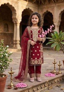 Kids Maroon Pakistani Salwar Kameez Girls Eid Party Wedding Wear Heavy Embroidered 3Pc Modern Stretchable Designer Suit Dupatta - Product Image 3