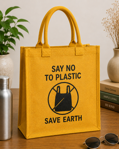 Say No To <b>Plastic</b> Jute Shopping Bag Medium Size Yellow Save Earth Eco Friendly Grocery <b>Tote</b> Handle Top - Product Image 1