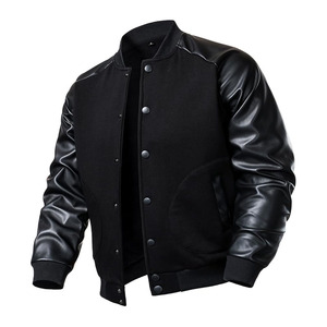 Veste varsity en cuir PU noir pour homme, coupe classique, col rabattu, fermeture boutonnée, vêtement décontracté pour l'automne - Product Image 1