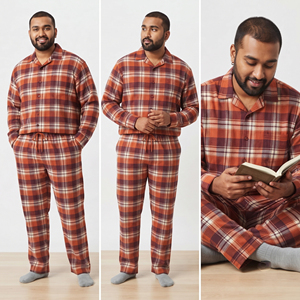 Ensemble de pyjama à carreaux pour homme en flanelle, chemise boutonnée, vêtements de nuit chauds - Product Image 3